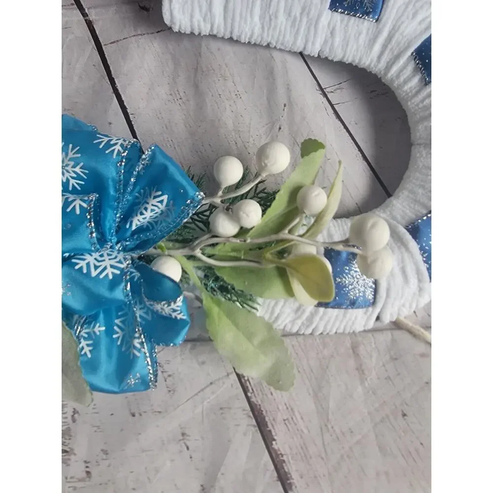 Blue Snowflake Candycane Wreath Handmade With Green Embelishment READ